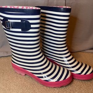Blue and pink rain boots